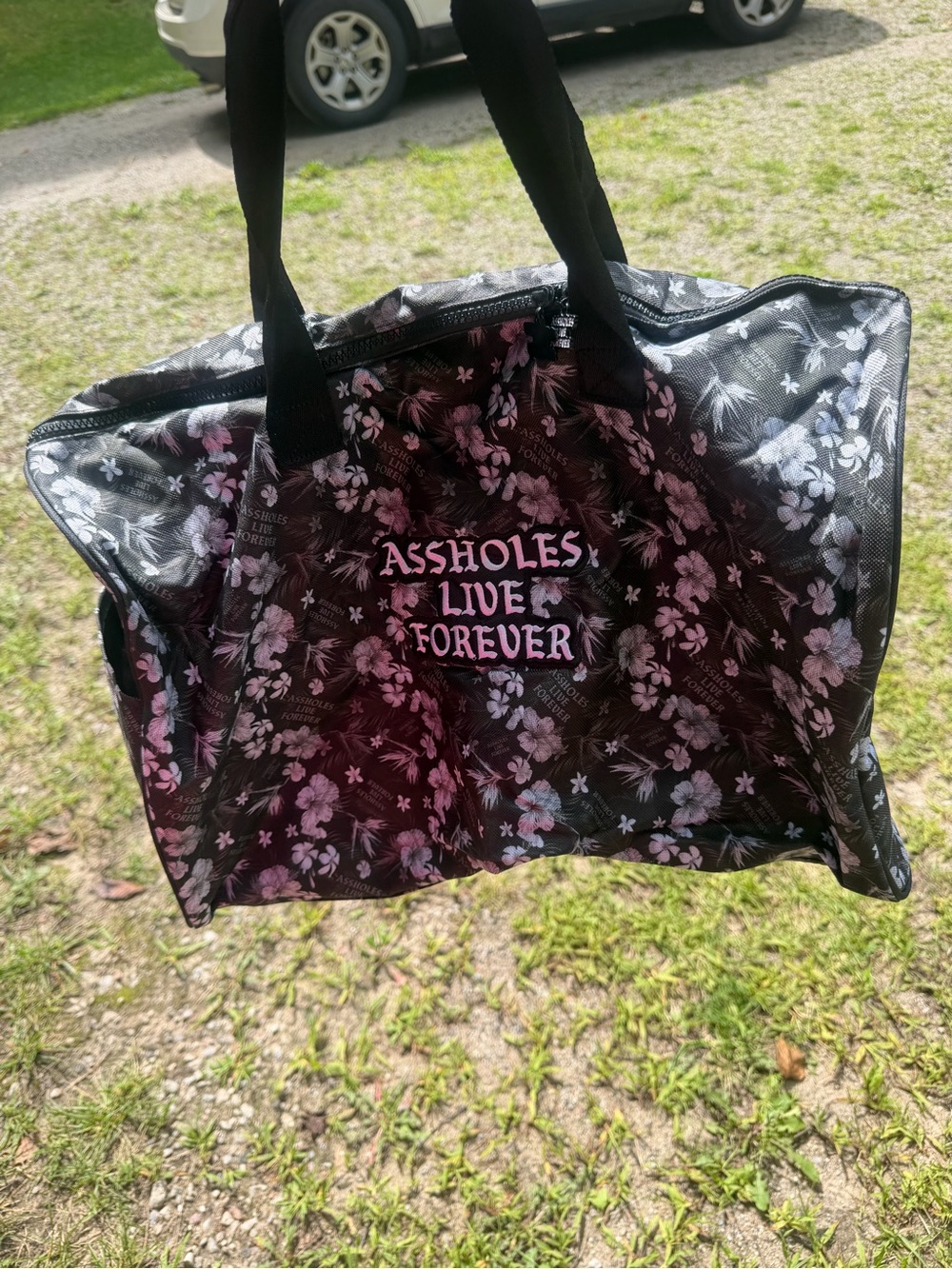 Floral Black Travel Tote - 'Assholes Live Forever' Graphic